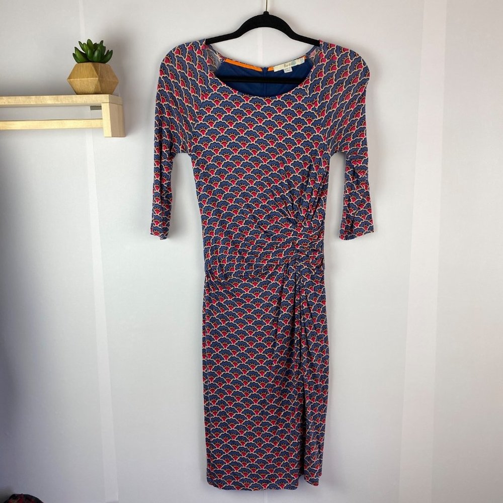 Boden Dress Gathered Waist 3/4 sleeve size 6R Blue Red print
